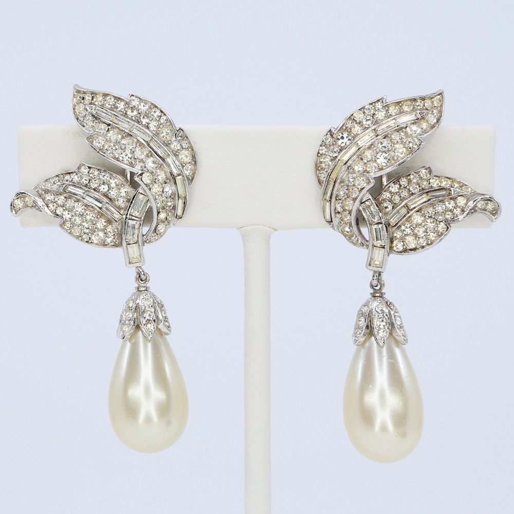 Vintage Crown Trifari Rhinestone Simulated Pearl Dangle Clip Earrings 1950s